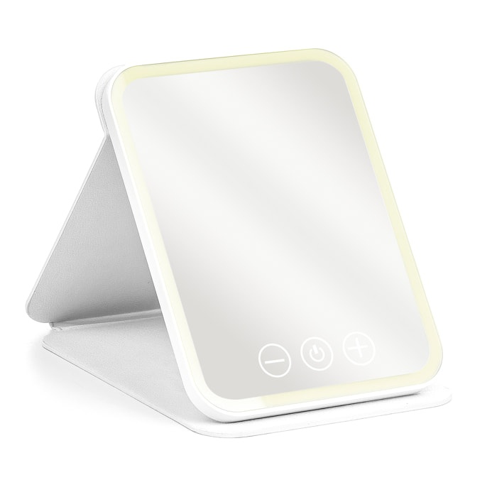 Espejo de maquillaje plegable, con luz led fría, normal y cálida, intensidad regulable. Tamaño compacto.