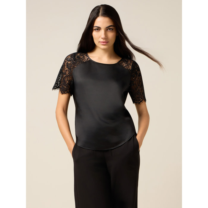 Oltre - Blusa de raso con partes de encaje - Negro