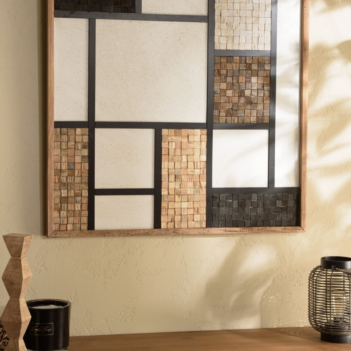 SANDY - Décoration murale 82x82cm mosaïque tricolore bois Pin recyclé