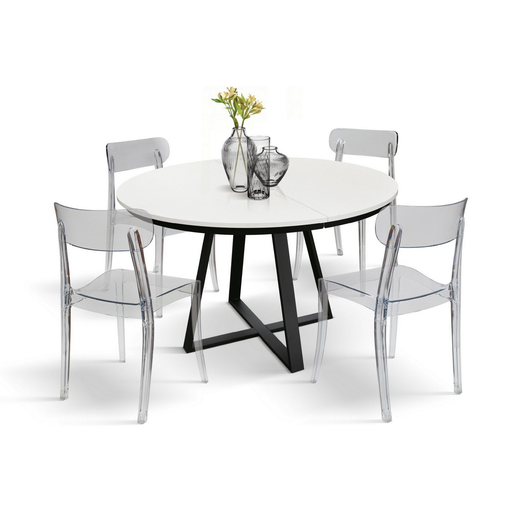 Tavolo rotondo PANTELLERIA in legno effetto bianco frassinato con base a X in metallo antracite, allungabile ⌀120 cm - ⌀170 cm