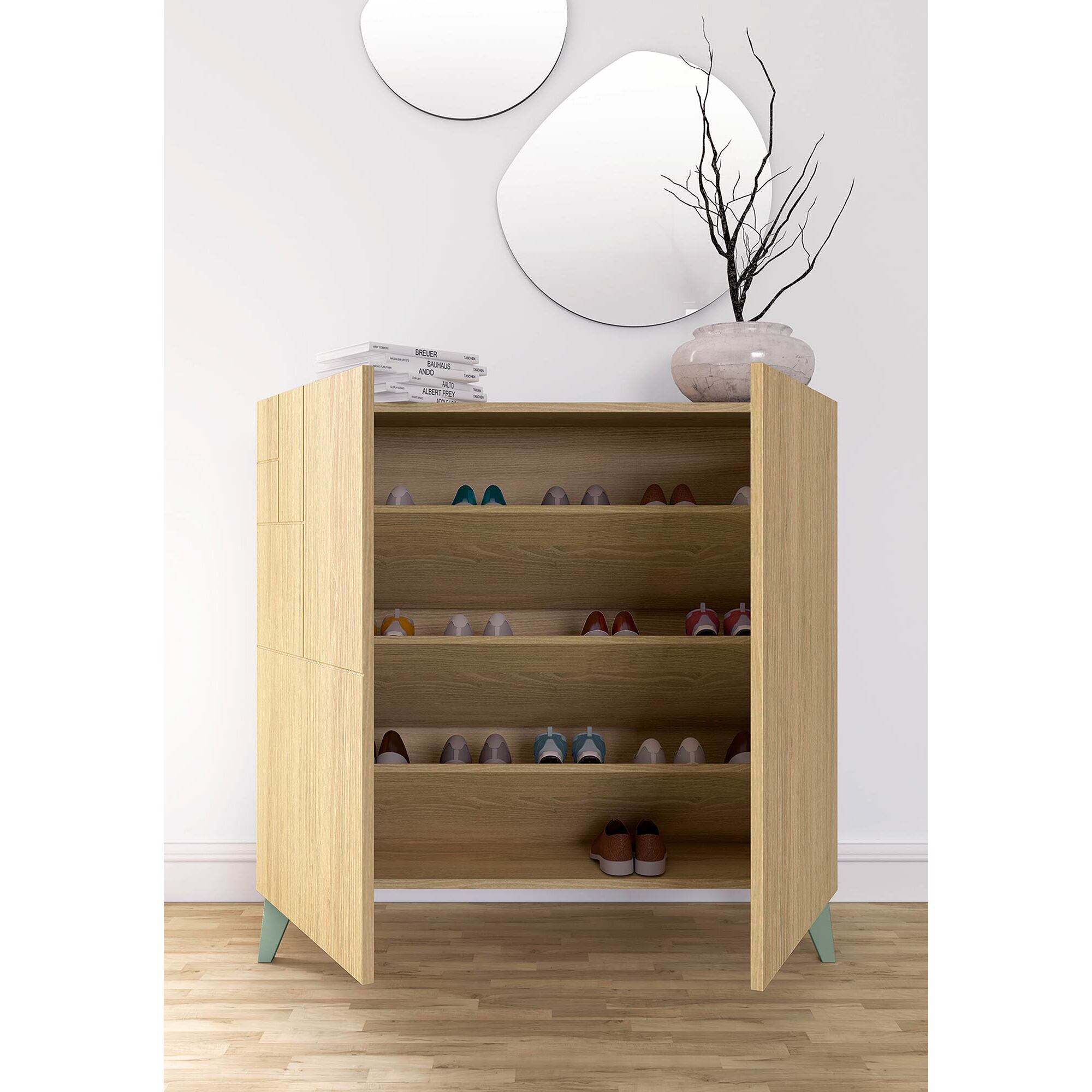 Zapatero Bergen melamina roble patas verde 87x90x27 cm