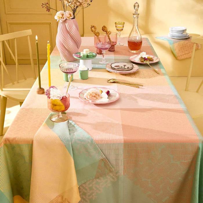 Nappe pur coton 205 g/m² motif jacquard rose jaune Mille empreintes pastel