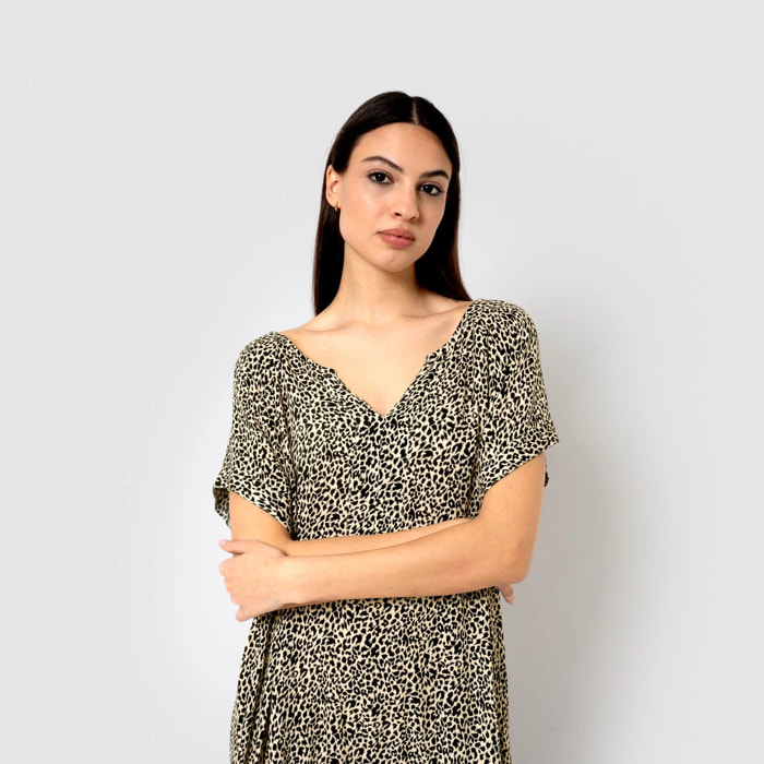Vestido corto bambula detalles plisados lira beige/negro