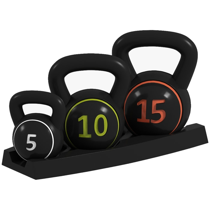 Lot de 3 kettlebells 2,2/4,5/6,8 Kg - prise ergonomique - entraînement musculaire & haltérophilie - PVC noir