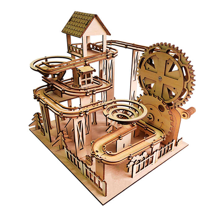 Maqueta de Madera 3D, con movimiento mecánico diseño de Pista de bolas Jungla. 250 piezas