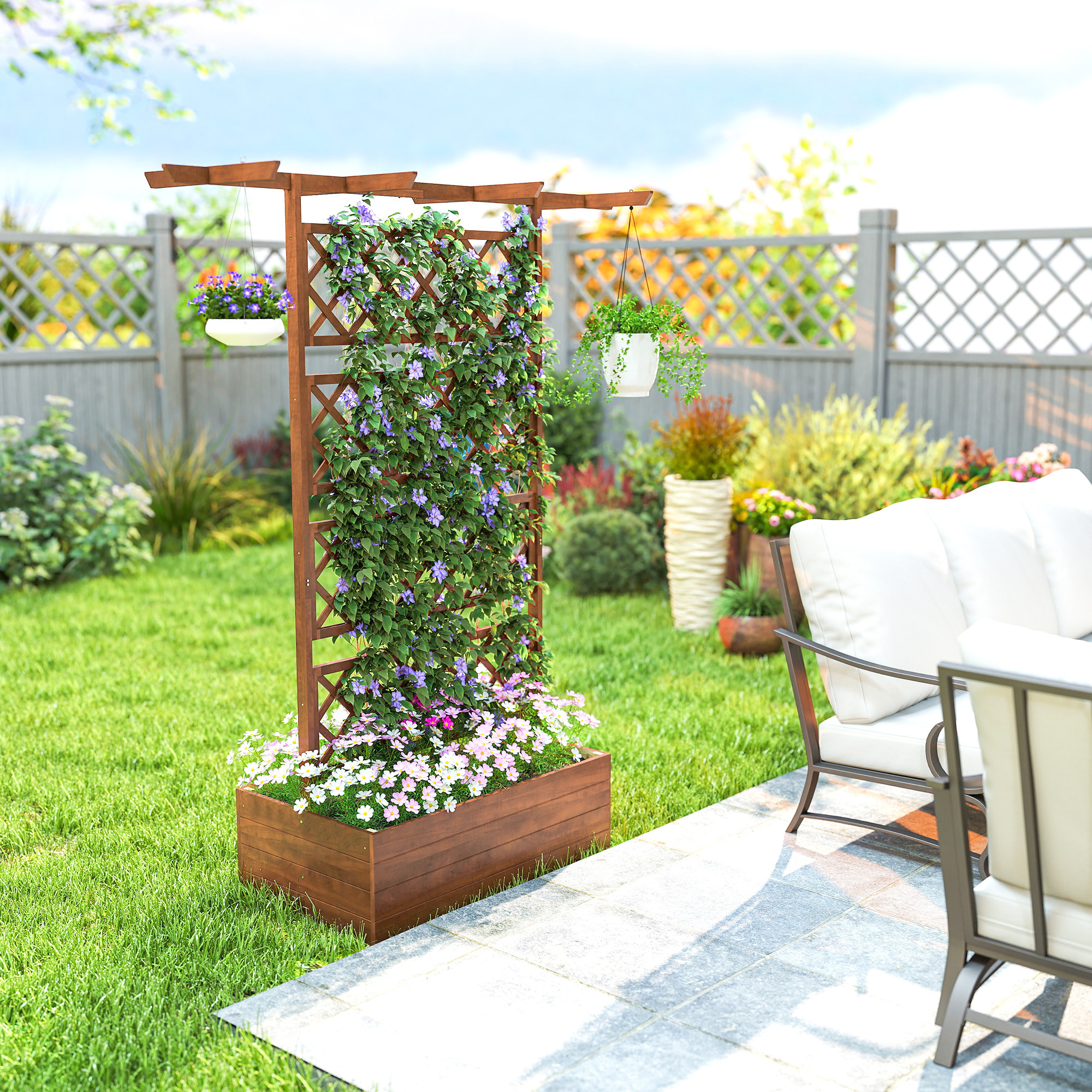 Jardinière treillis haut central avec poutres bois verni
