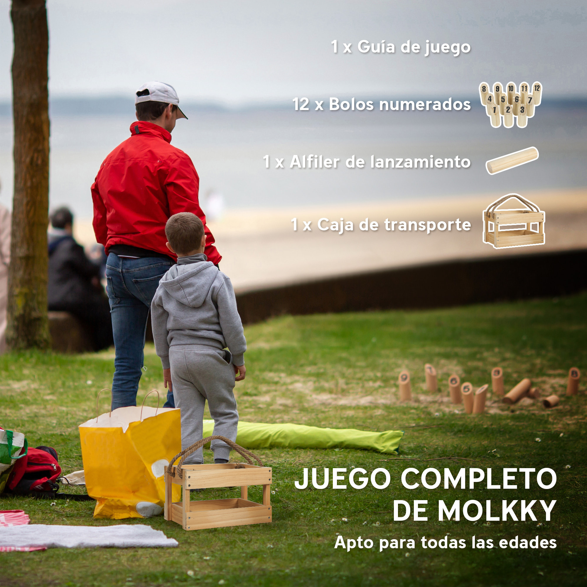 Juego de Bolos Finlandeses, 12 Bolos de Madera de Pino con 1 Palo de Lanzamiento y Caja de Transporte, Juego al Aire Libre para Adultos, Jardín, Picnic, Playa y Fiestas, Natural