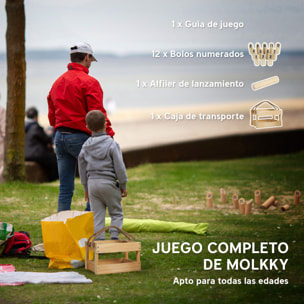 Juego de Bolos Finlandeses, 12 Bolos de Madera de Pino con 1 Palo de Lanzamiento y Caja de Transporte, Juego al Aire Libre para Adultos, Jardín, Picnic, Playa y Fiestas, Natural