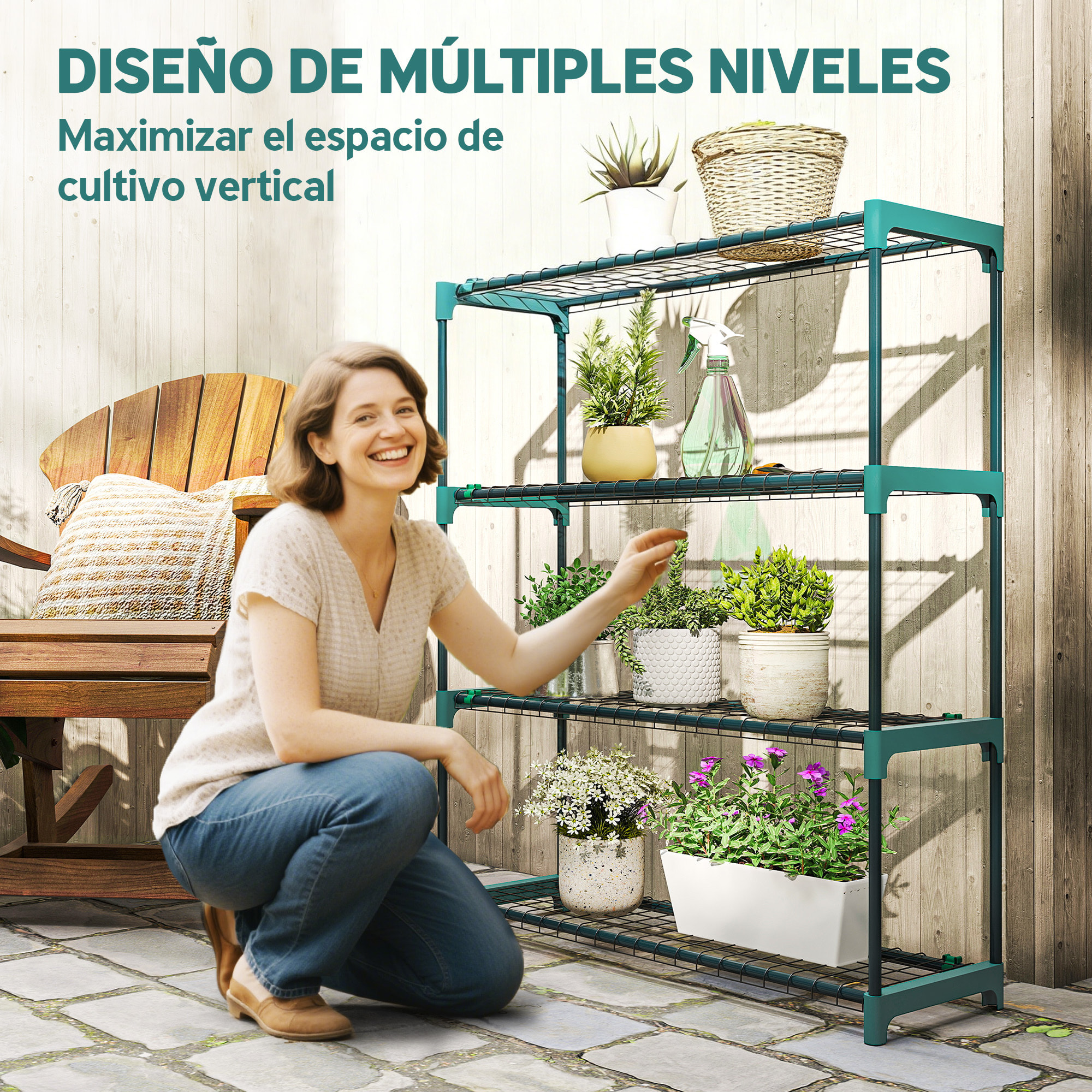 Juego de 2 Soportes para Plantas de 4 Niveles para Interior y Exterior, Estanterías para Plantas de Acero con Conectores para Fácil Montaje, Estantes para Macetas, Jardín, Balcón, Verde