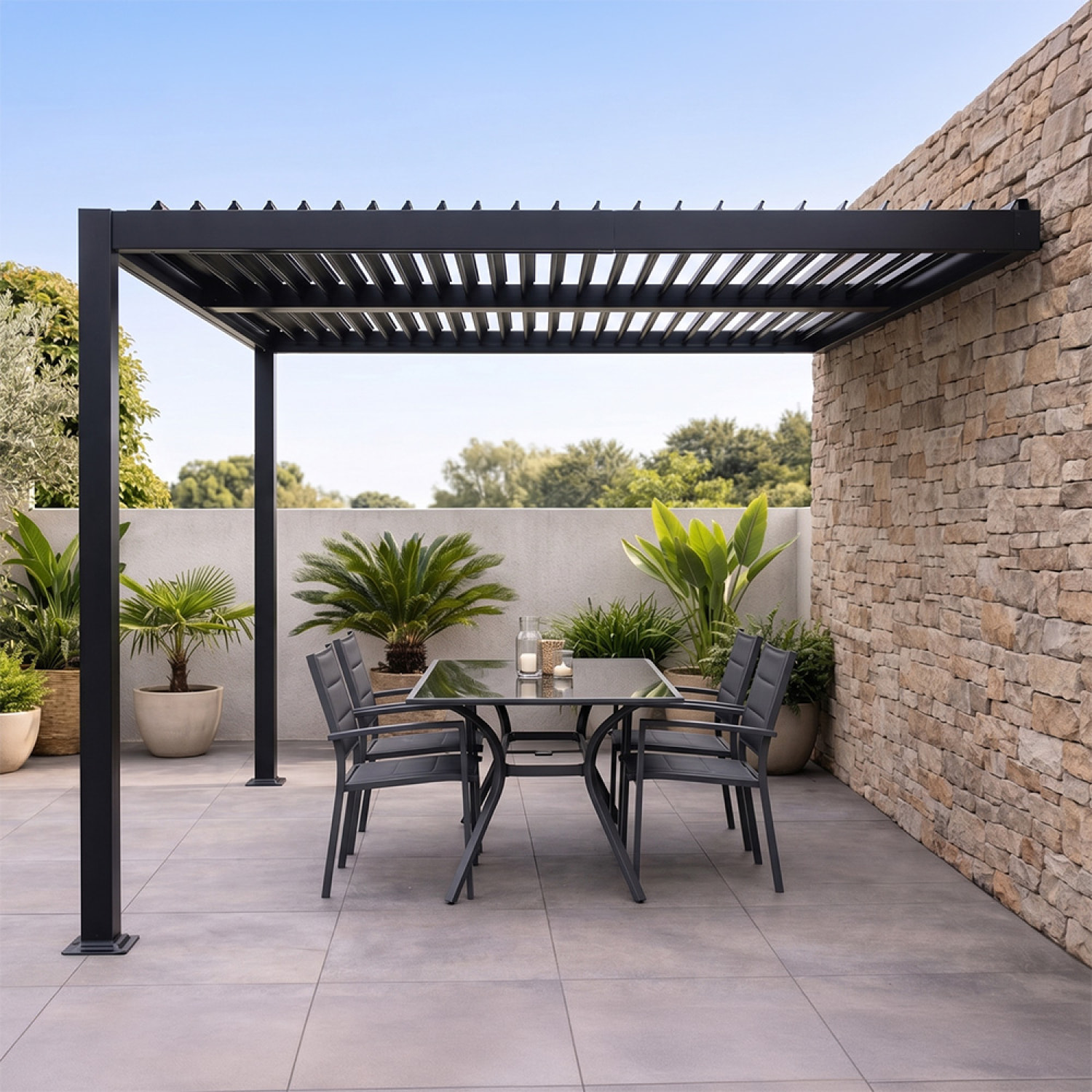 Pergola bioclimatique adossée en aluminium noir 3x3m PANAGIA