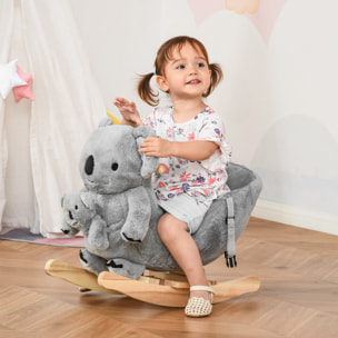 Jouet à bascule koala avec marionnette - effet sonore rugissement - fauteuil intégré, ceinture de sécurité - bois peuplier peluche courte polyester gris