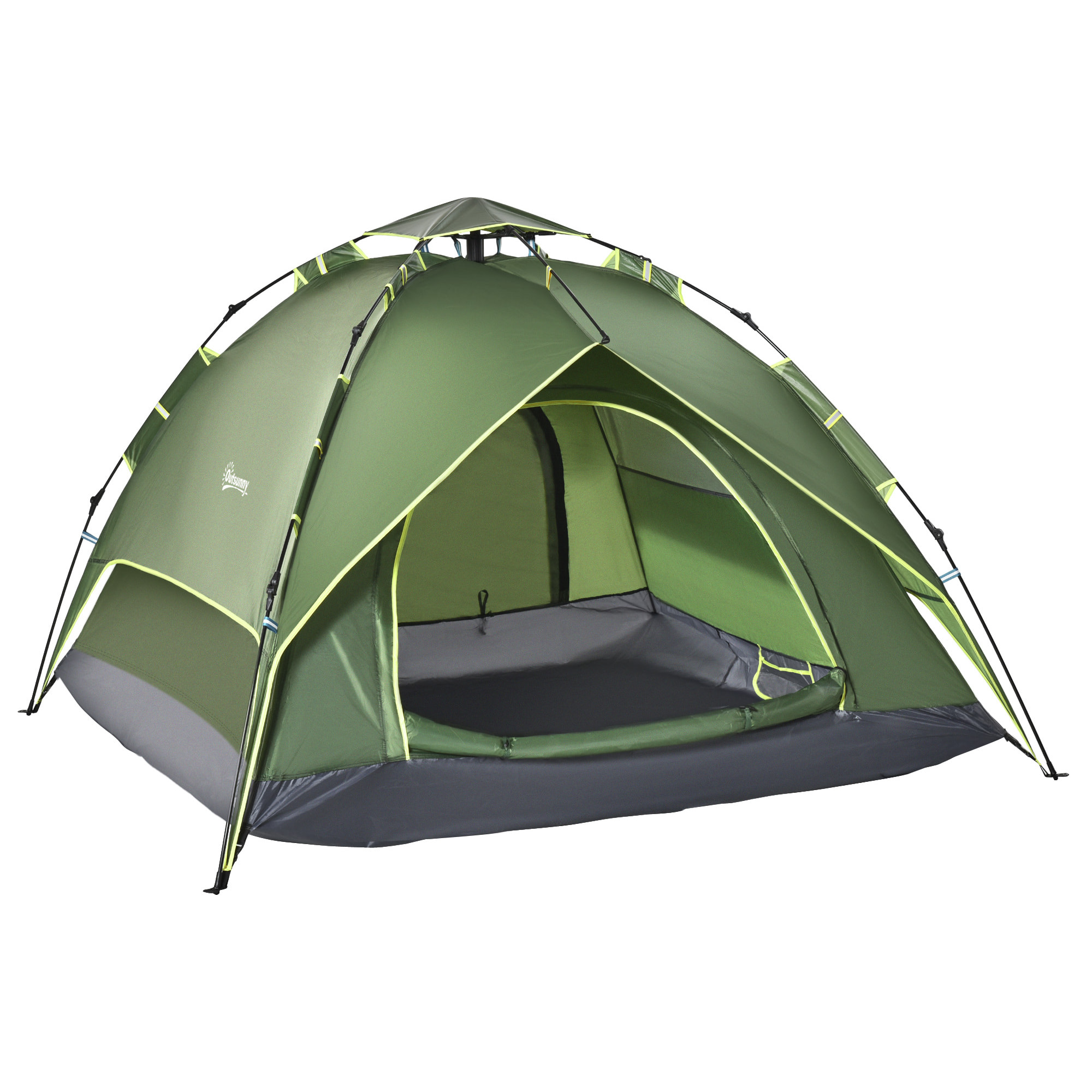 Tente de camping pop up 2-3 personnes 2 portes vert kaki montage démontage facile sac de transport inclus fibre verre polyester