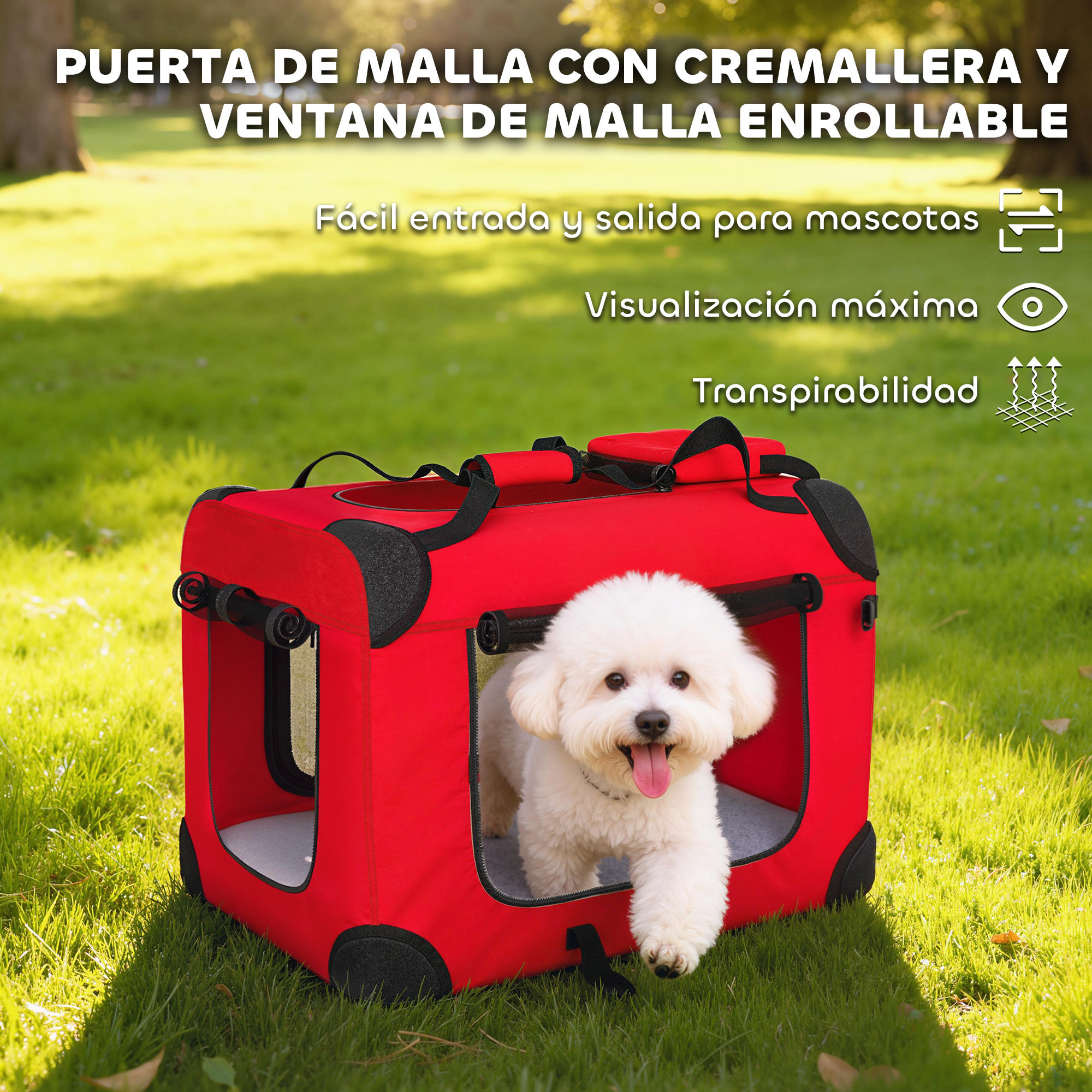 Transportín para Perros Plegable, 60x41,5x41 cm, Transportín para Mascotas con Ventanas de Malla, Cojín Suave, y 2 Asas, Bolsa de Transporte para Mini Perros, Gatos, Rojo
