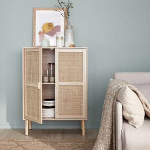 Buffet décor bois et cannage 2 portes 80cm CAMARGUE