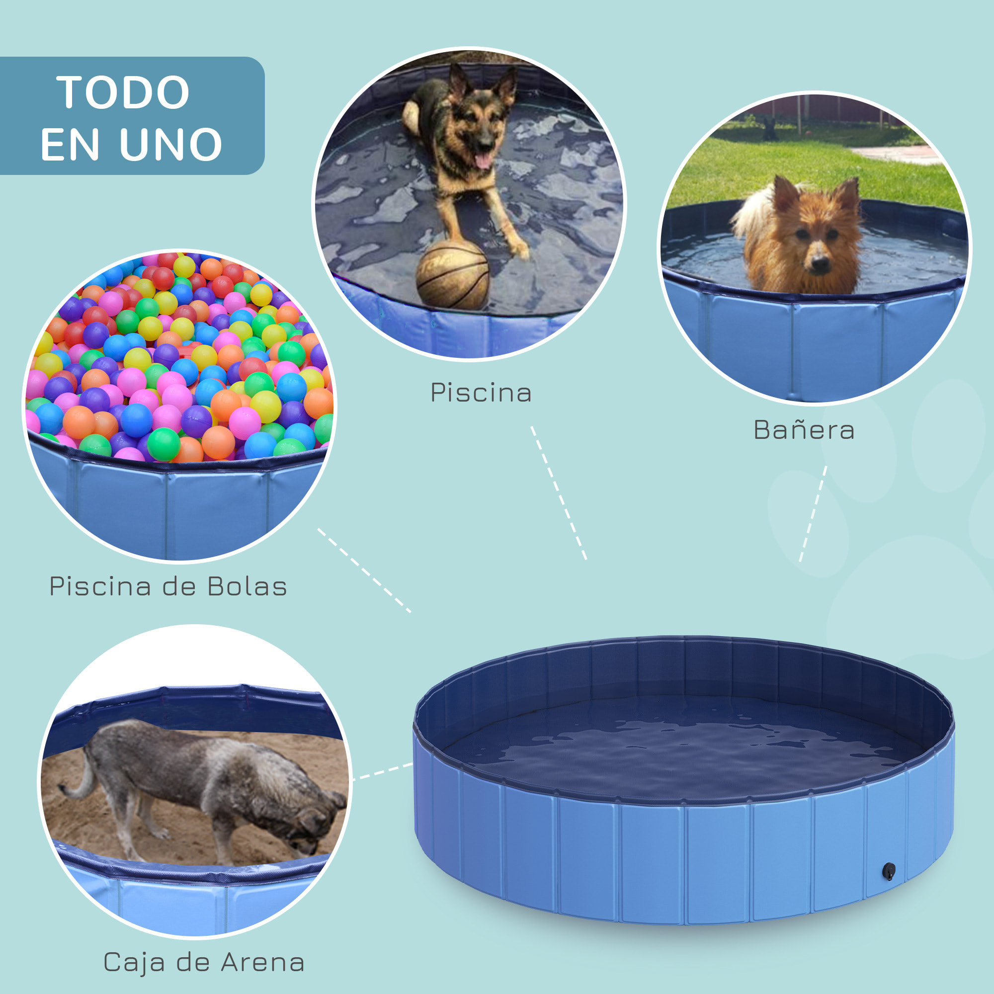 Bañera Plegable para Mascotas de PVC y Madera Φ140x30cm Azul