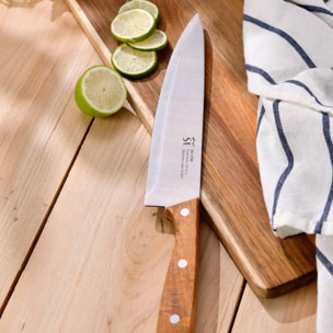 Set de cocina de 9Pzs: 3 Cuhillos en acero inoxidable + 5 Utensilios de silicona y madera + Tabla de corte 40x25cm NOIA San Ignacio