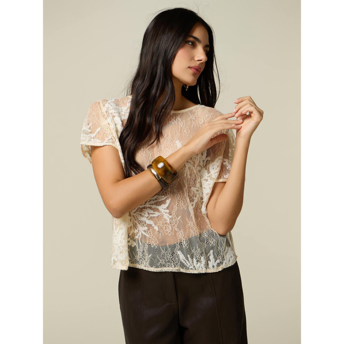 Oltre - Blusa in pizzo con ricamo floreale - Bianco