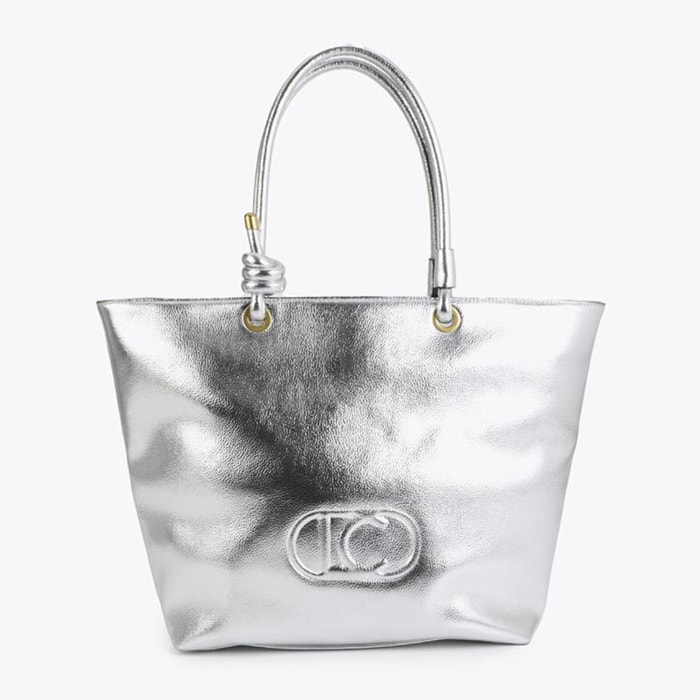 Borsa shopper decostruita color oro con logo ovale in rilievo