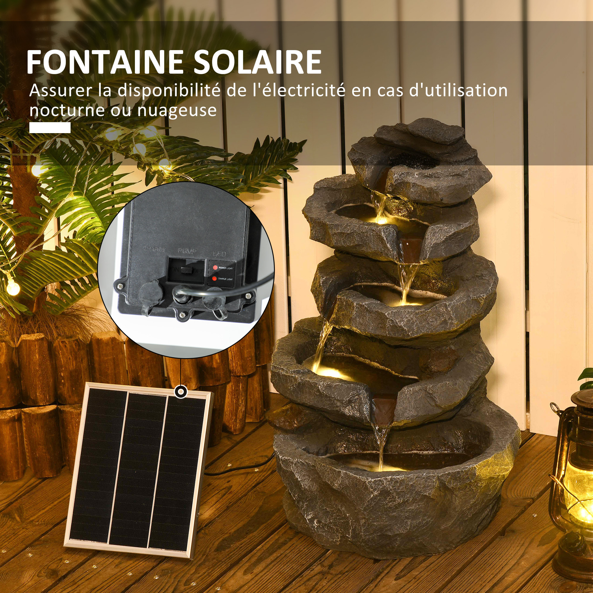 Fontaine de jardin à énergie solaire - fontaine roche cascade 5 niv. LED pompe incluse - résine gris