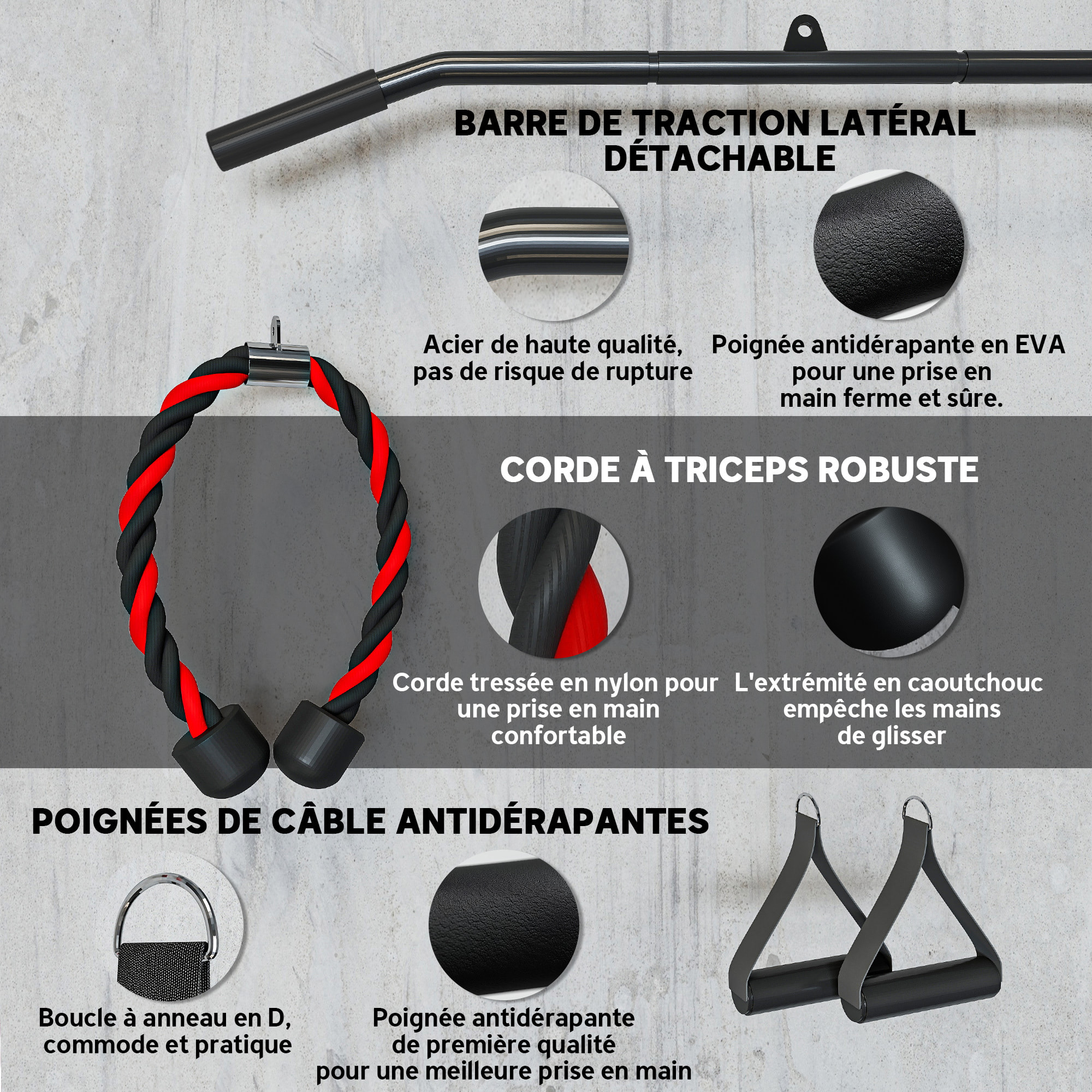 Station de traction murale - machine poulie musculation - LAT pulldown exercices - acier nylon rouge noir