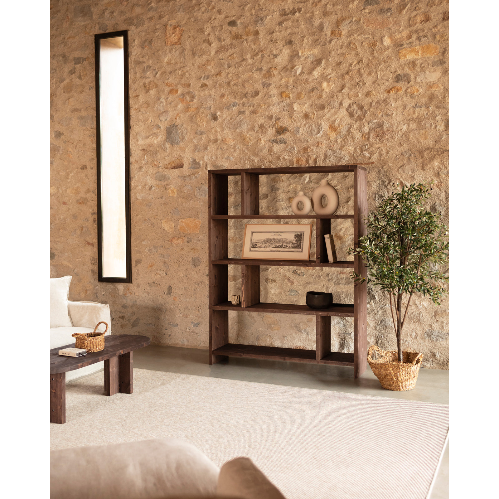 Étagère en bois massif ton noyer de 180x140cm Hauteur: 180 Longueur: 140 Largeur: 35