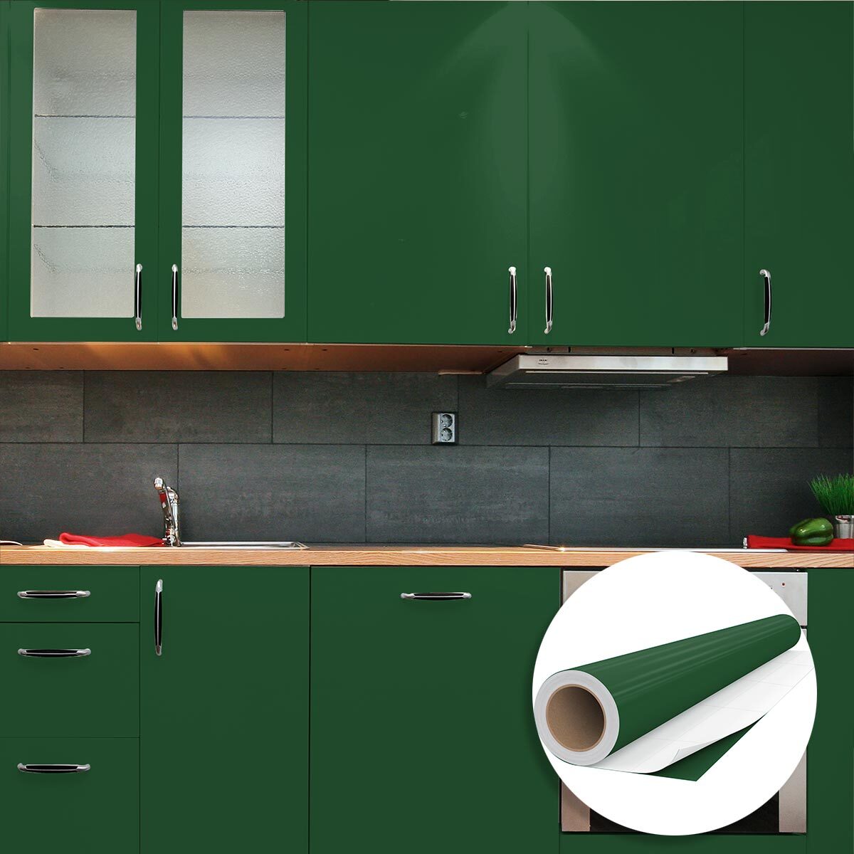 Rouleau adhésif décoratif Vinyle au Mètre - Vert fonce - Sticker Lavable Imperméable Mur Cuisine Meubles