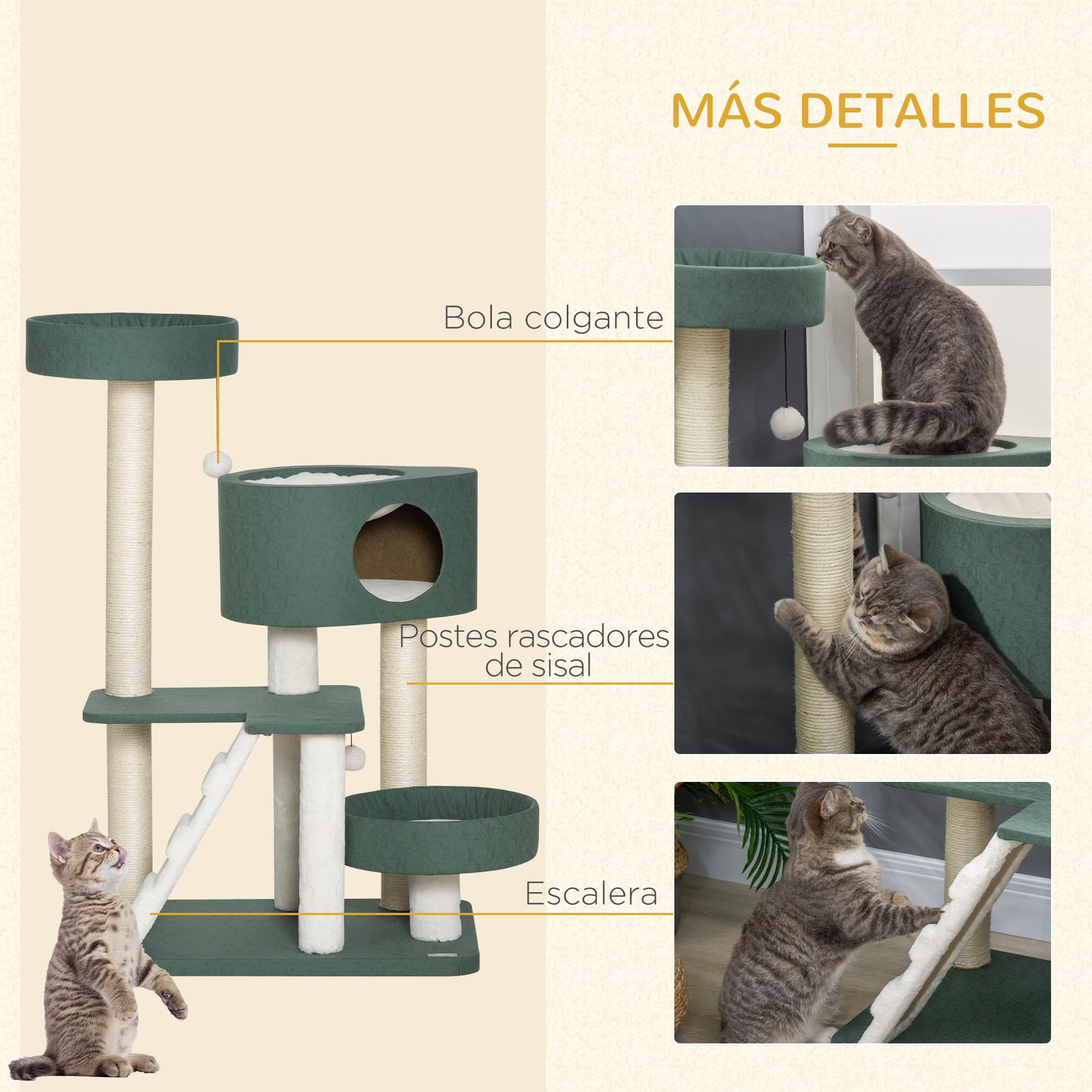 Árbol Rascador para Gatos Altura 114cm con 2 Camas Cueva Hamaca Plataforma Bolas