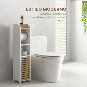 Armario de Baño Moderno Columna Auxiliar de Baño Mueble de Suelo de Baño con Estantes 1 Puerta y Portarrollos de Papel para Dormitorio Sala 18x20x90 cm Blanco y Roble