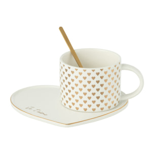 J-Line tasse + sous-tasse + cuillère Coeur - céramique - blanc/or