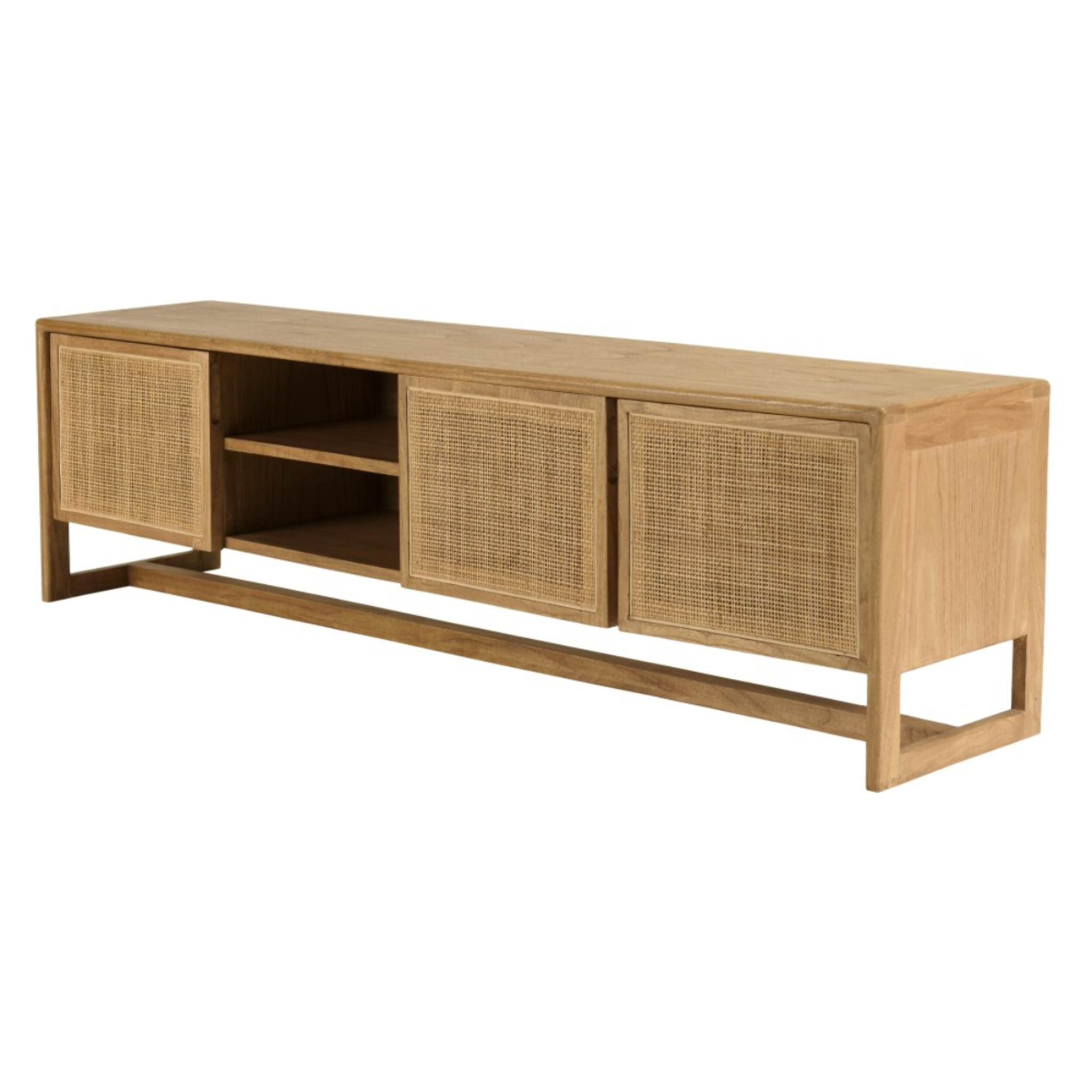 AMY - Meuble TV 3 portes 2 niches L180cm en bois de mindi et rotin naturel