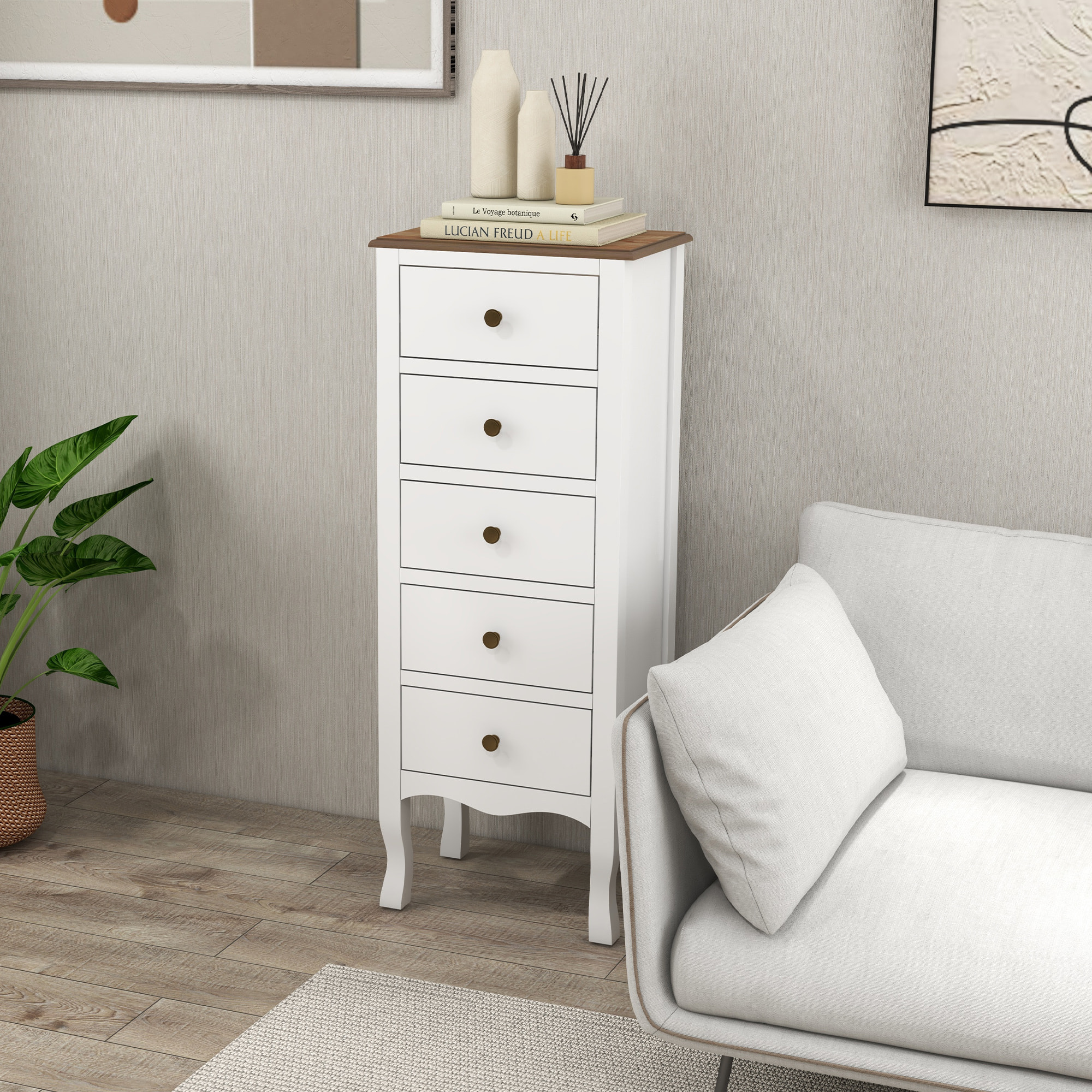 Meuble de rangement chiffonnier style néo-rétro 5 tiroirs poignées boutons bois MDF blanc