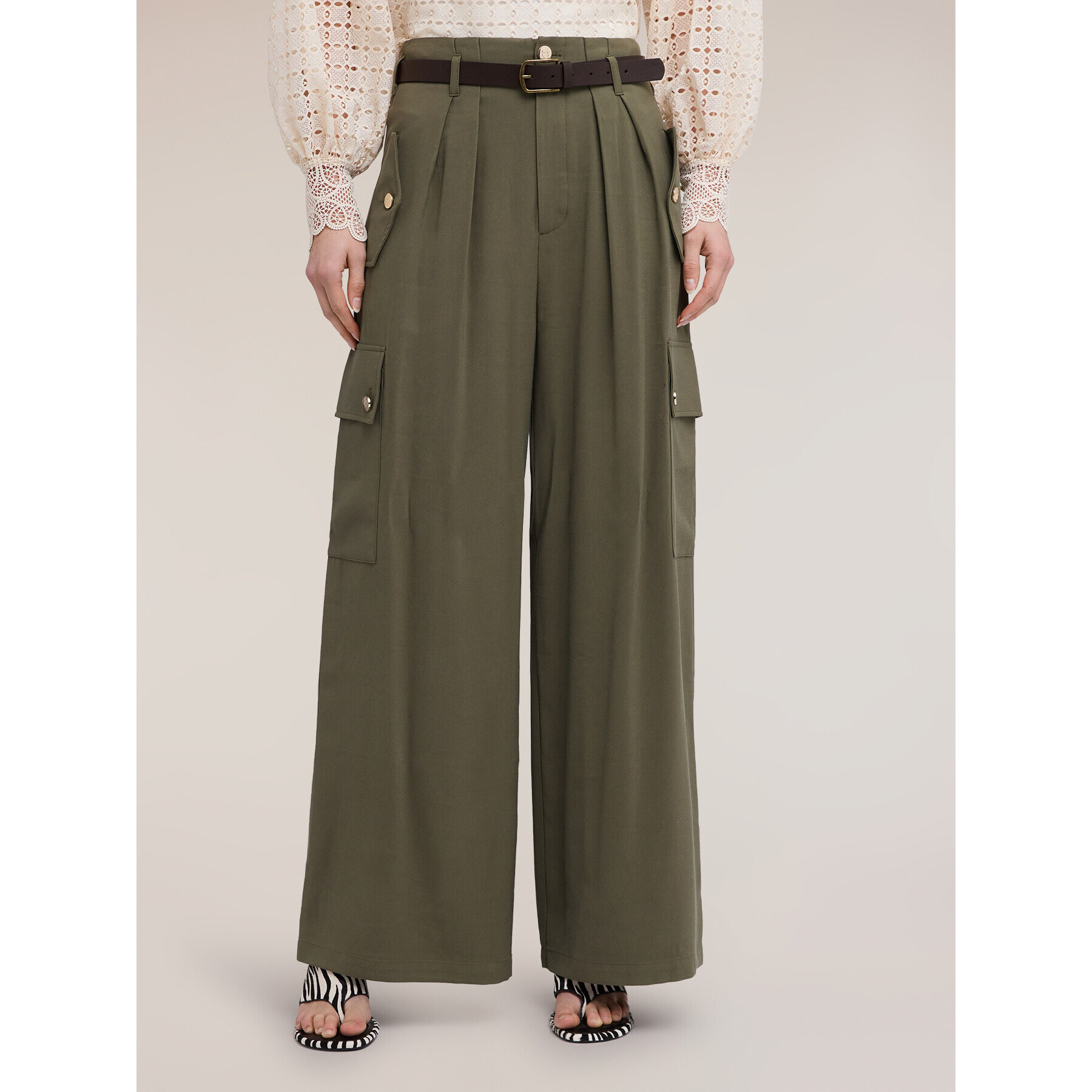 Motivi - Pantalones palazzo con bolsillos cargo - Verde militare