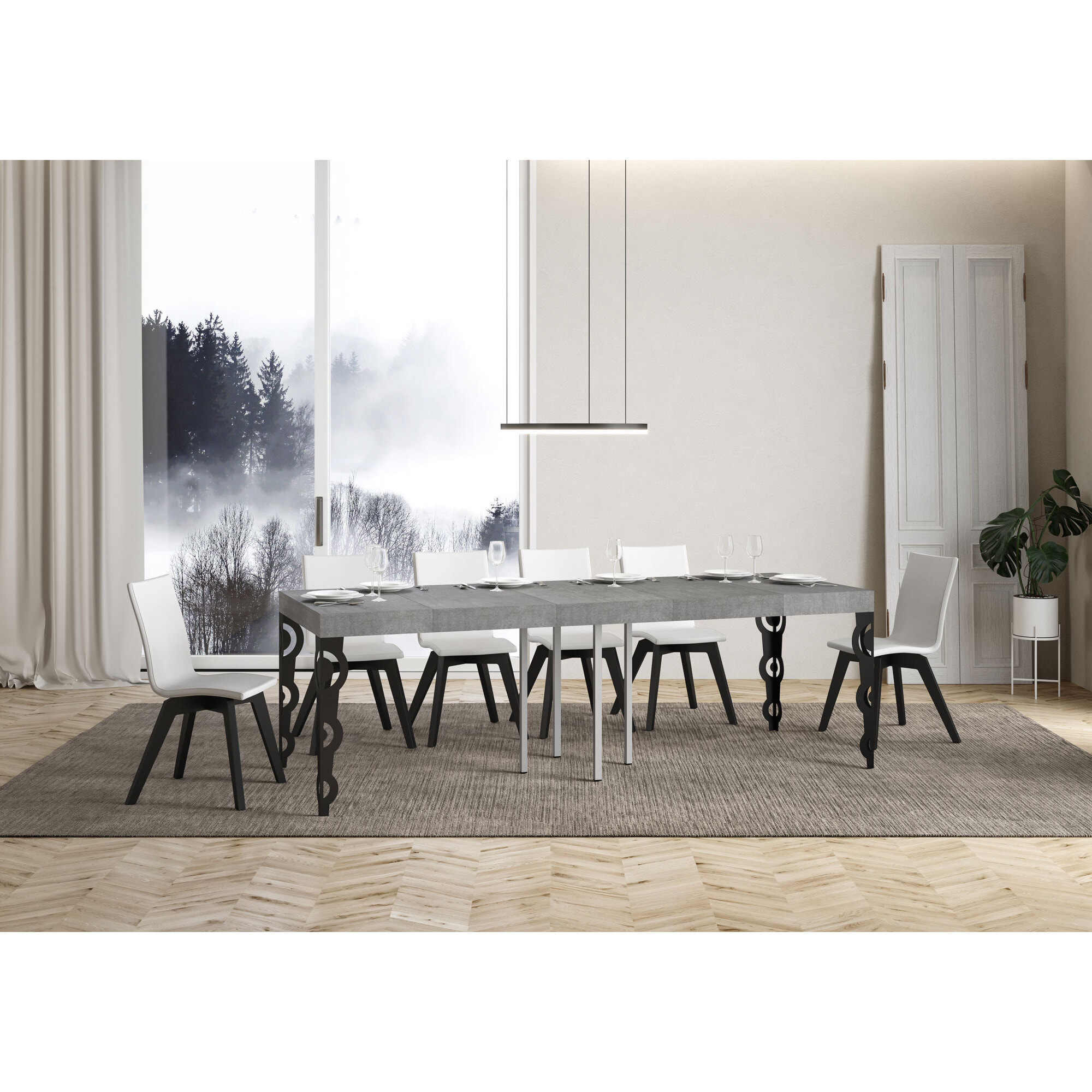 Table extensible 90x90/246 cm Karamay Premium Gris Béton cadre Anthracite