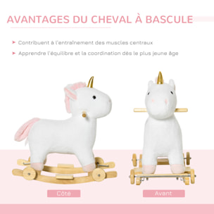 Cheval à bascule licorne porteur 2 en 1 - effet sonore - poignée structure bois de peuplier peluche douce blanche