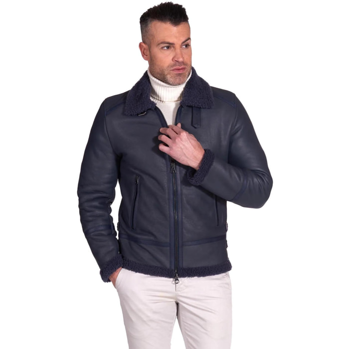 Montone blu Shearling biker uomo collo camicia con fibbia