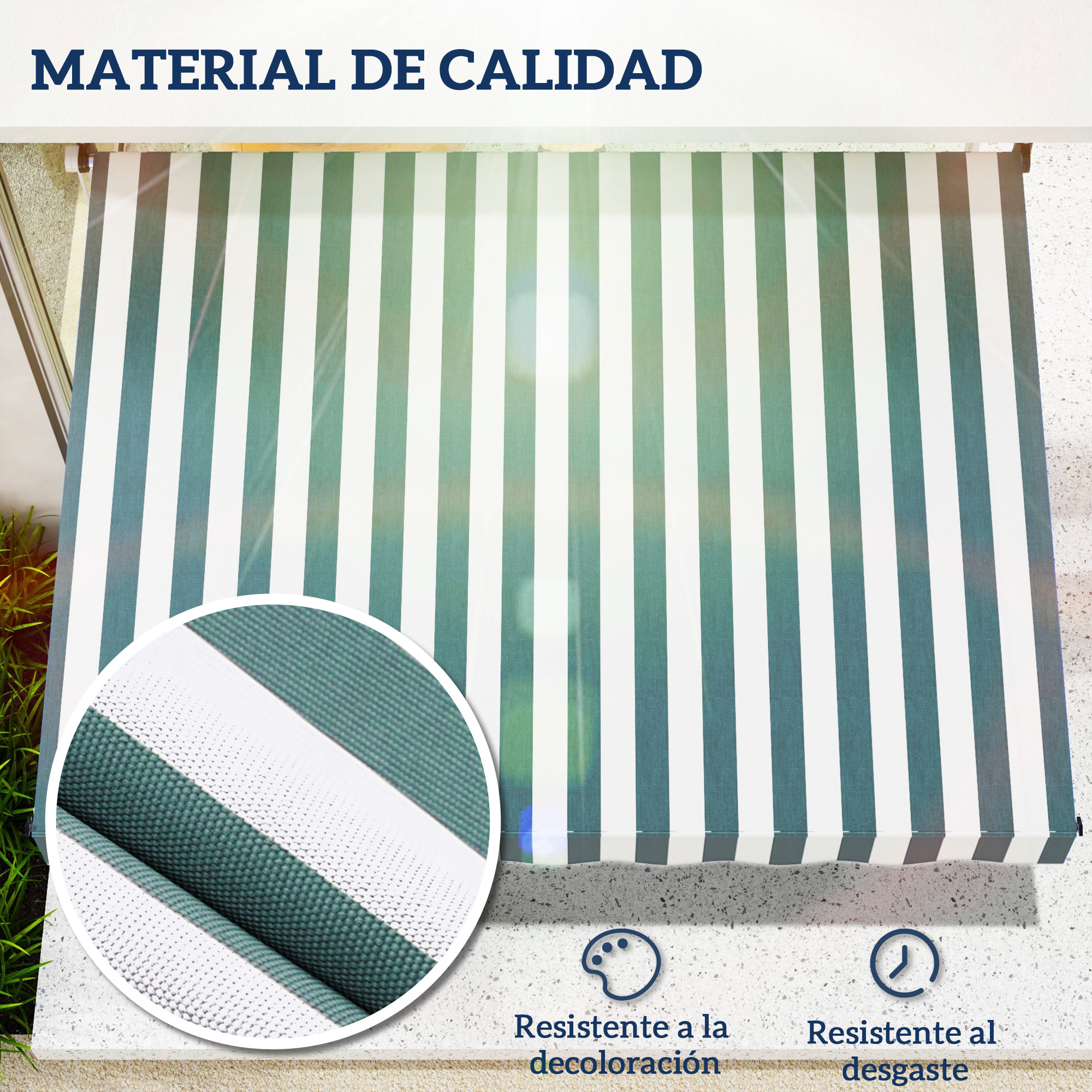 Toldo Manual Retráctil 2x1,5 m Toldo Exterior Terraza Enrollable Altura Ajustable con Manivela 170-280 cm Sin Taladro para Balcón Jardín Verde y Blanco