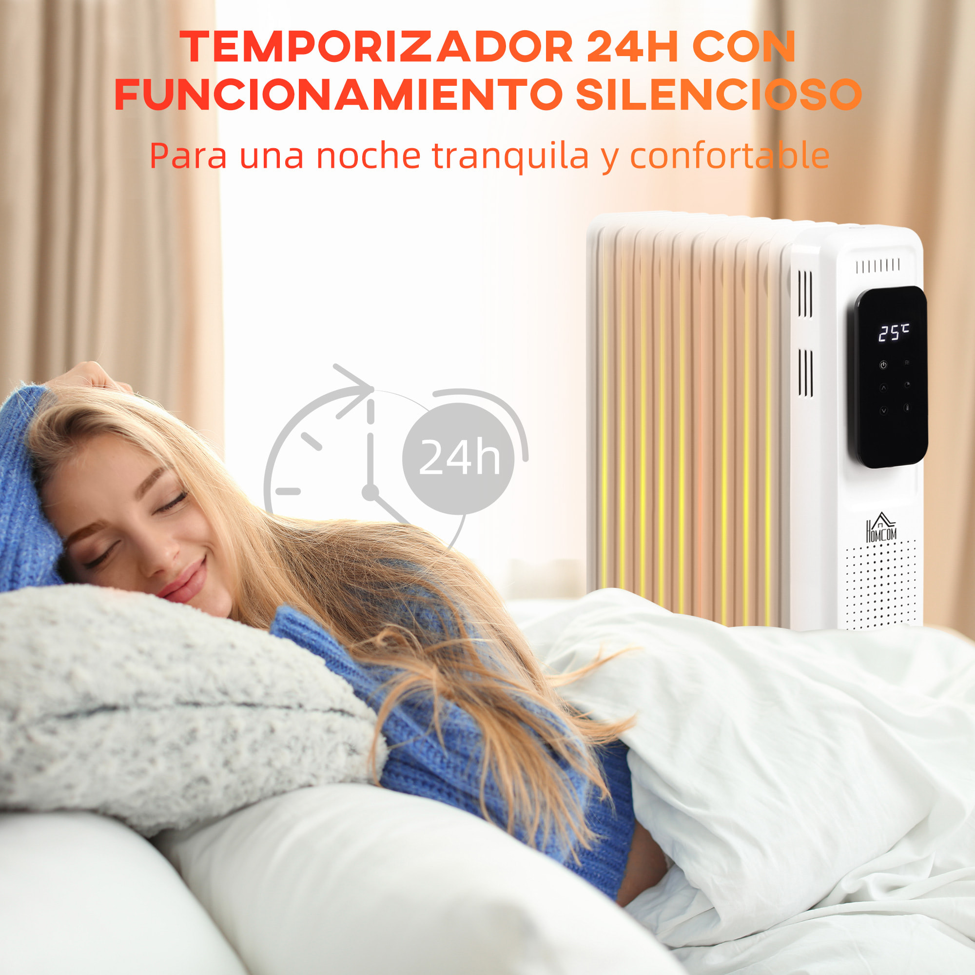 Radiador de Aceite 2180W 3 Modos de Calefacción con 9 Elementos Pantalla LED Control Táctil Termostato Temporizador 24H y Ruedas Bajo Consumo 20 m² 42,5x24x63 cm Blanco