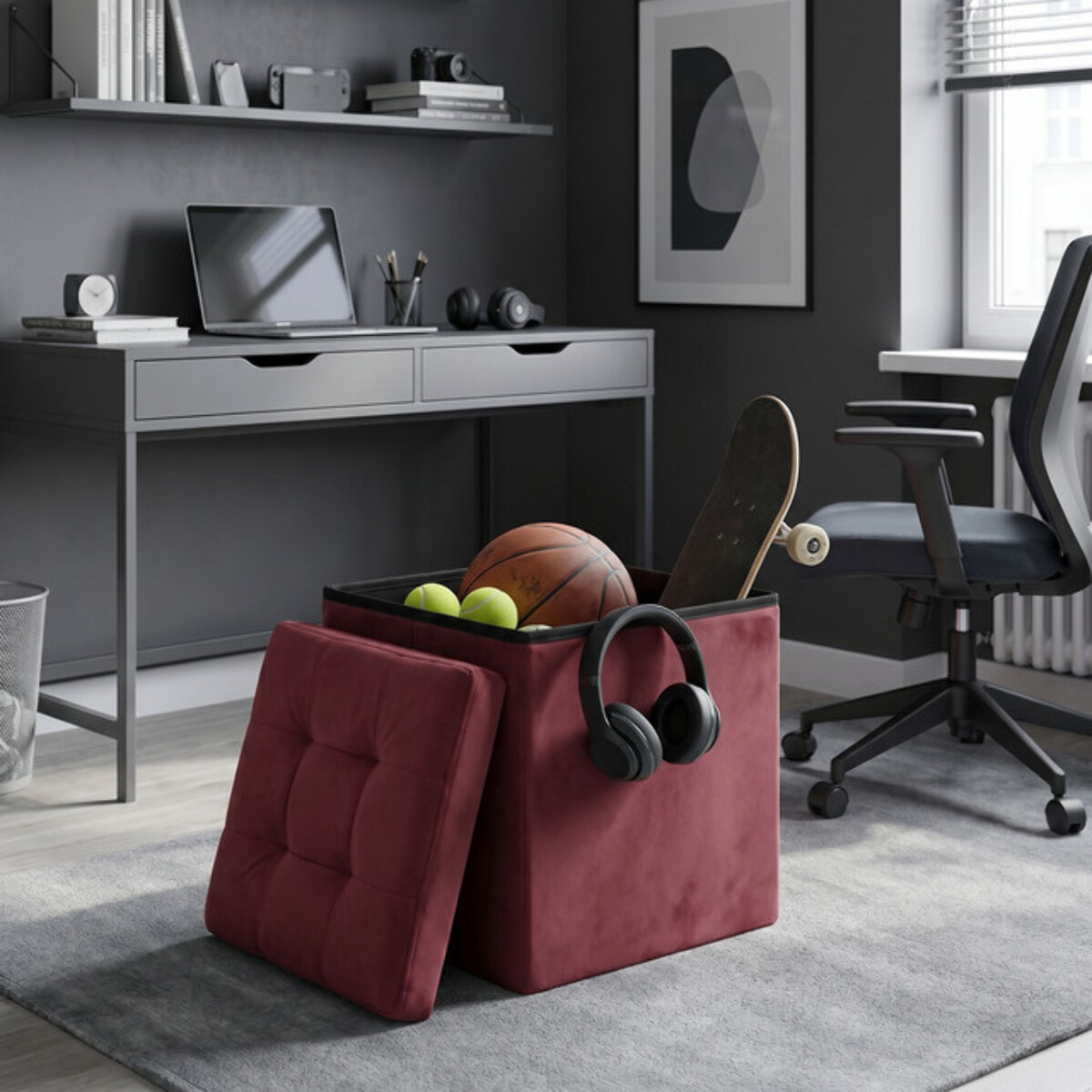 Pouf contenitore in velluto 38x38x38 cm, cubo imbottito con vano interno, seduta elegante effetto velvet trapuntato, resistente fino a 150 kg, salvaspazio ideale per camera soggiorno ingresso e cameretta