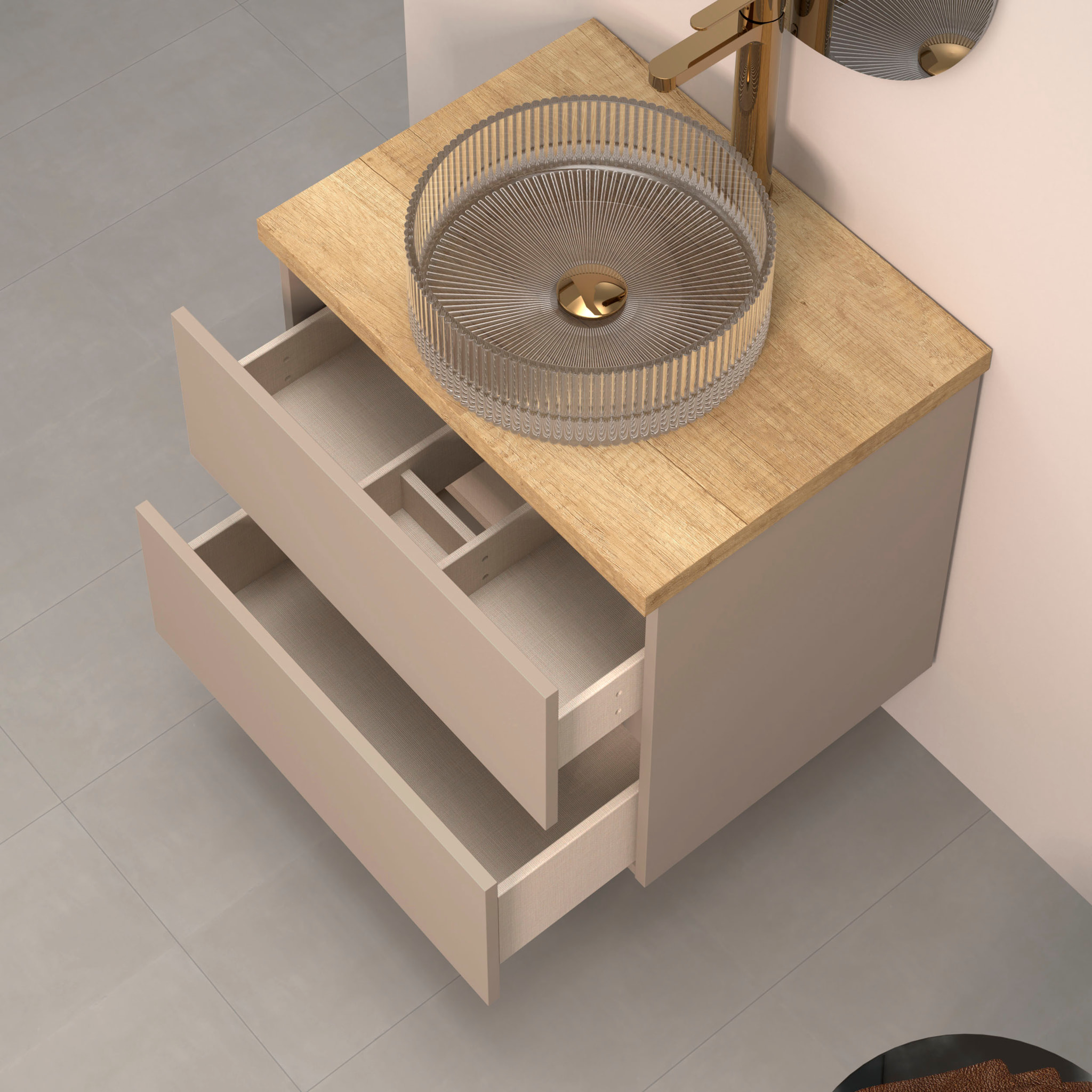 Ensemble de Salle de Bains Kub | Vison 60 Cm| Deux Tiroirs | Évier en Verre | Miroir non inclus | Meubles Assemblés | Alday