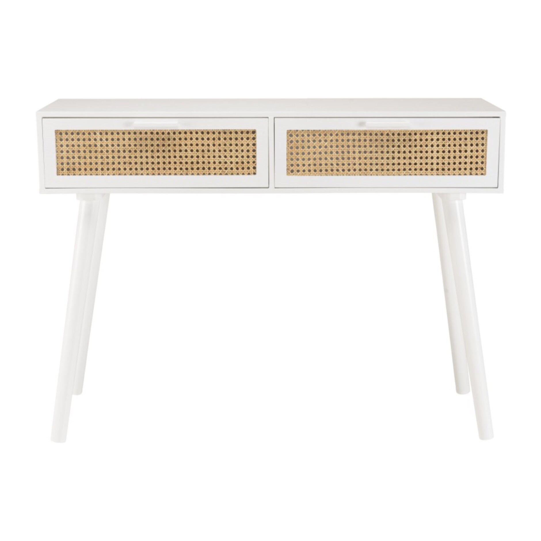 SANDRO - Console blanche 2 tiroirs cannage naturel