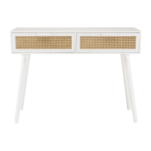 SANDRO - Console blanche 2 tiroirs cannage naturel