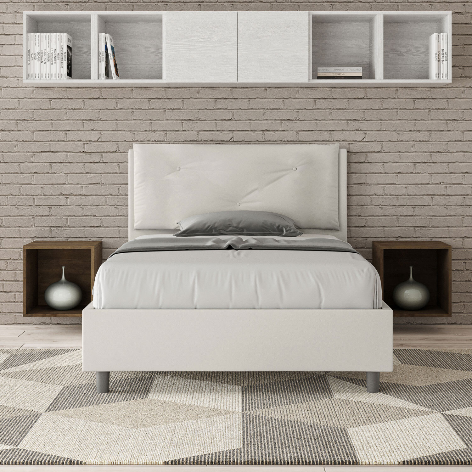 Cama de una plaza y medio con somier acolchada 120x190 cuero sintético blanco Appia Large