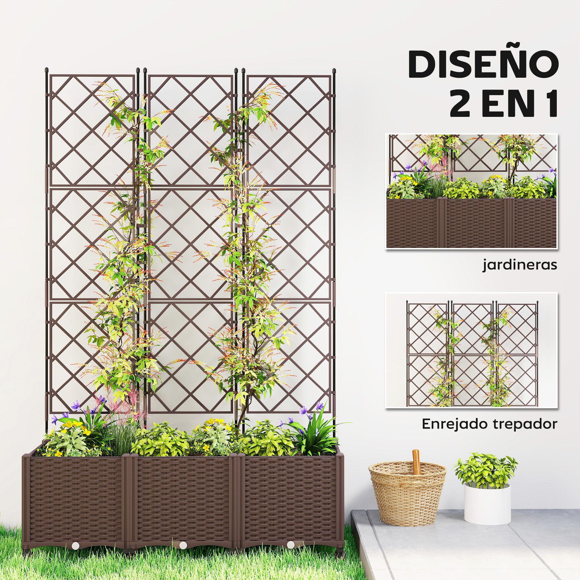 Jardinera con Enrejado, Jardinera Exterior Grande con Ruedas para Plantas Trepadoras, con Ofricios de Drenaje y Tapones, Macetero Elevado para Jardín, Patio, Terraza, 120x40x192 cm, Marrón