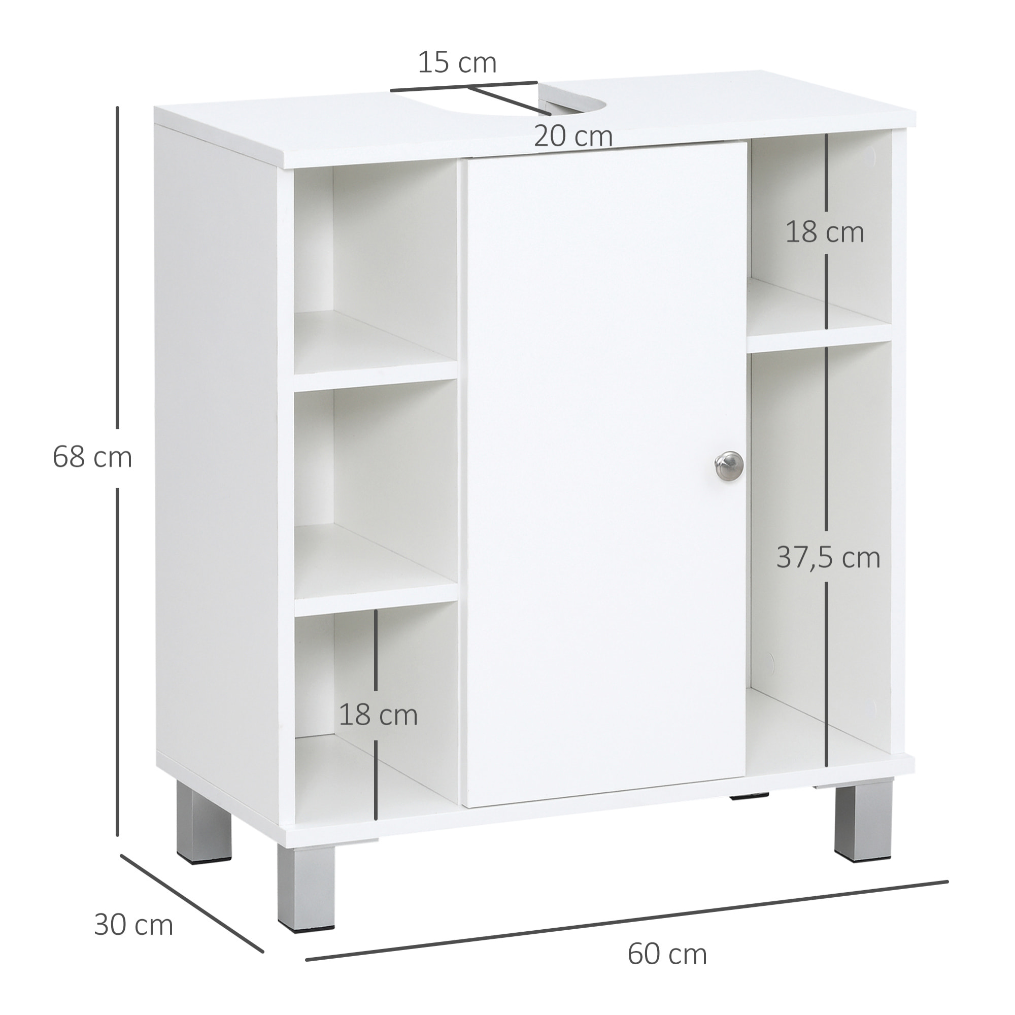 kleankin Mueble para Debajo del Lavabo Armario Baño de Suelo de Madera con 5 Compartimentos Abiertos y 1 Puerta Diseño Compacto Moderno 60x30x68 cm Blanco