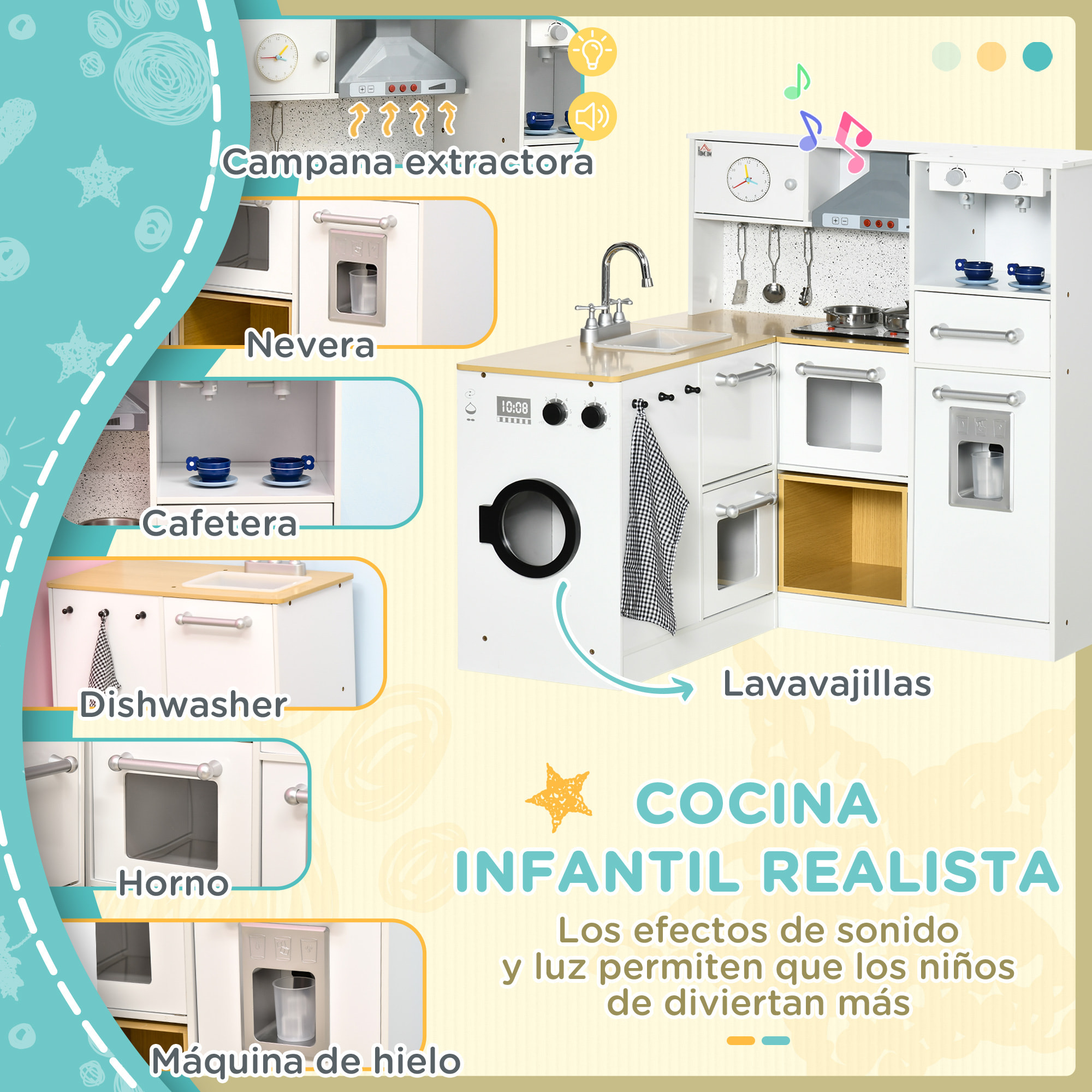 Cocina de Juguete de Madera 2 Piezas para Niños de +3 Años con Luz Sonidos