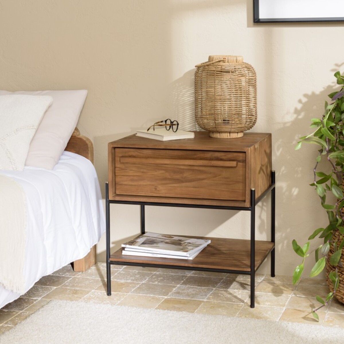 SIXTINE - Table de chevet 1 niche bois de teck recyclé