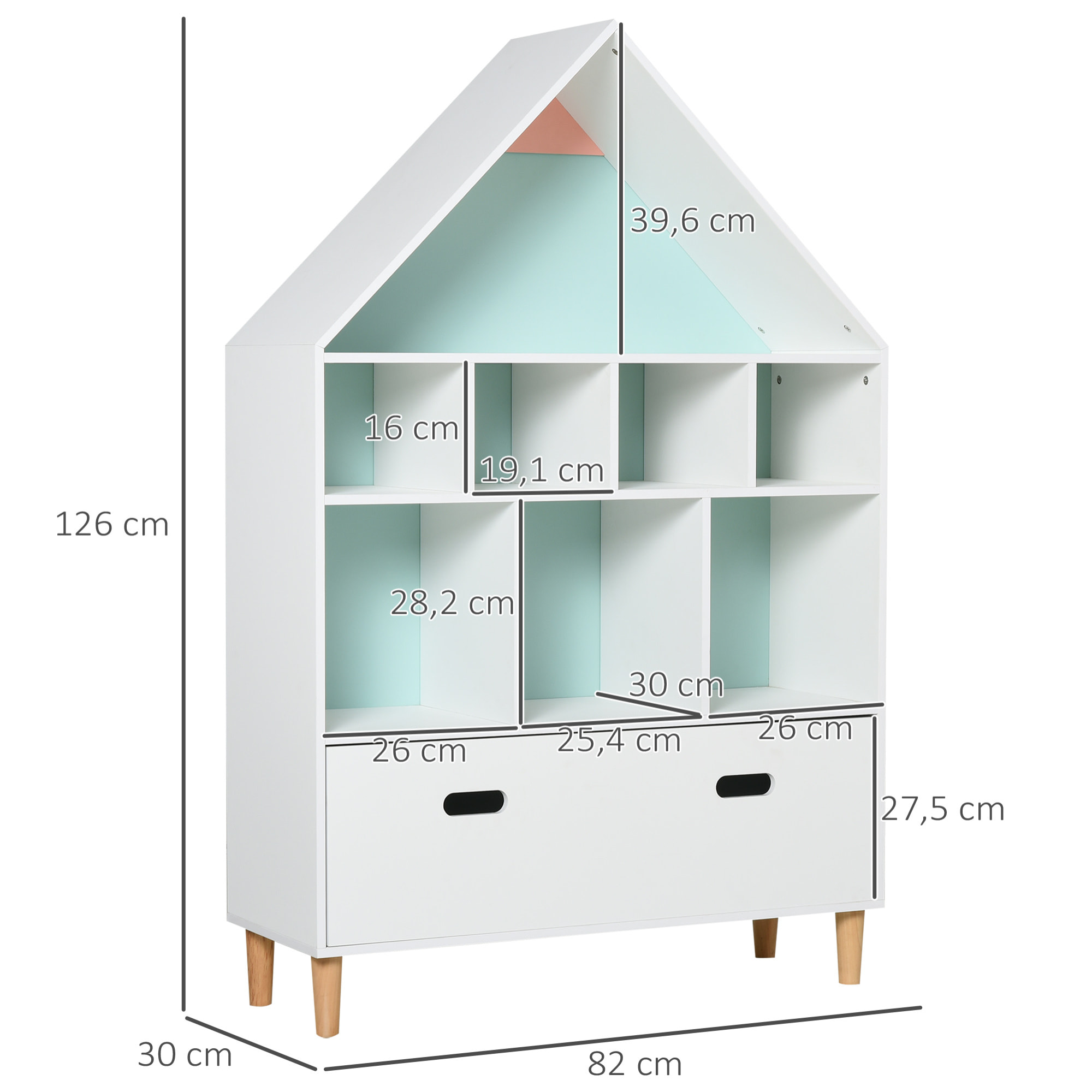 Estantería de Madera Infantil con 8 Compartimentos en Forma de Casa de 2 Colores