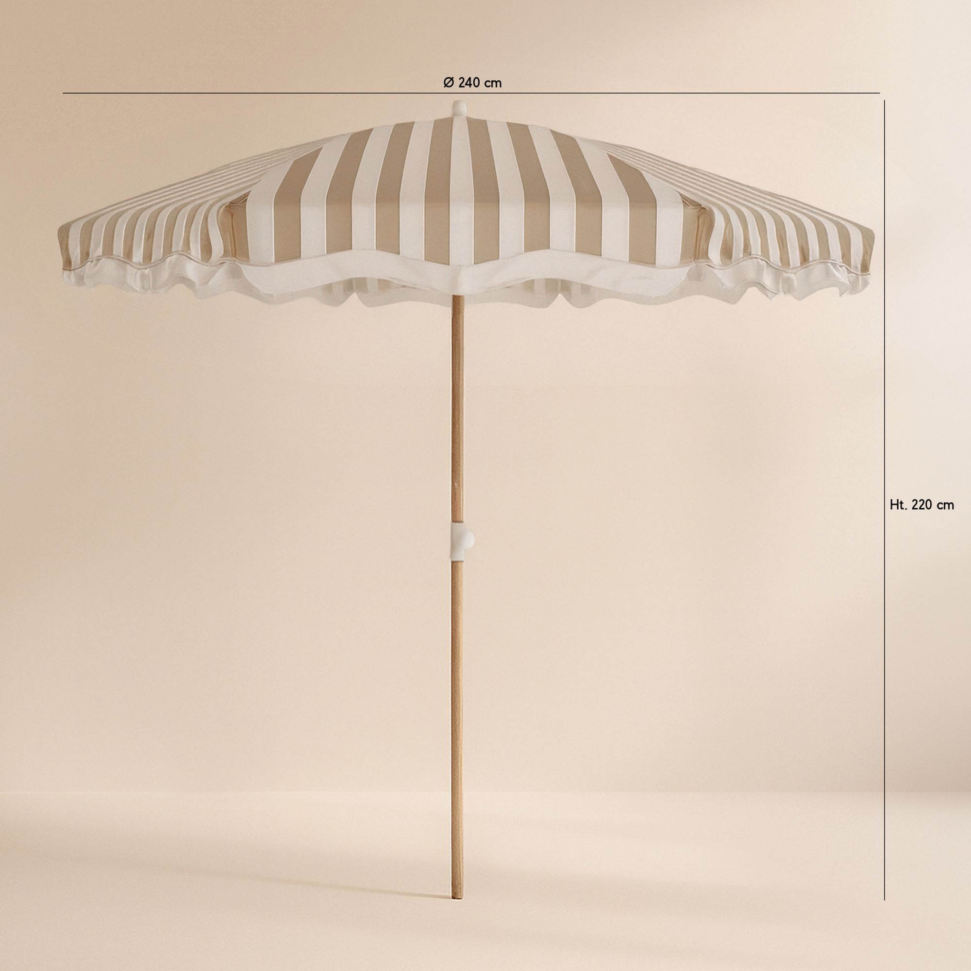 Parasol en polyester à rayure et métal imitation bois taupe ISOLA
