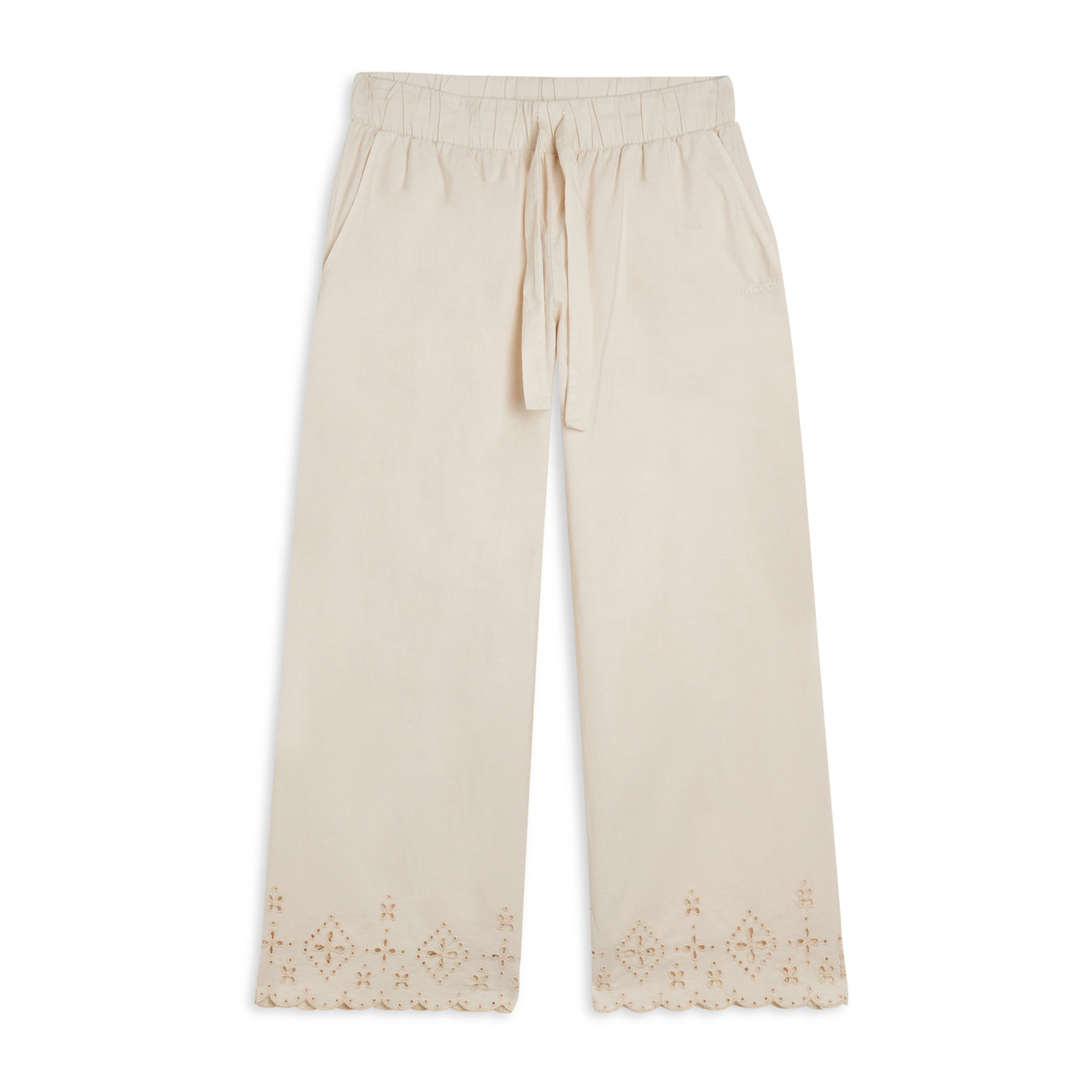 Pantaloni wide leg in cotone navetta con ricami Sangallo