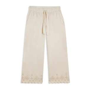 Pantaloni wide leg in cotone navetta con ricami Sangallo